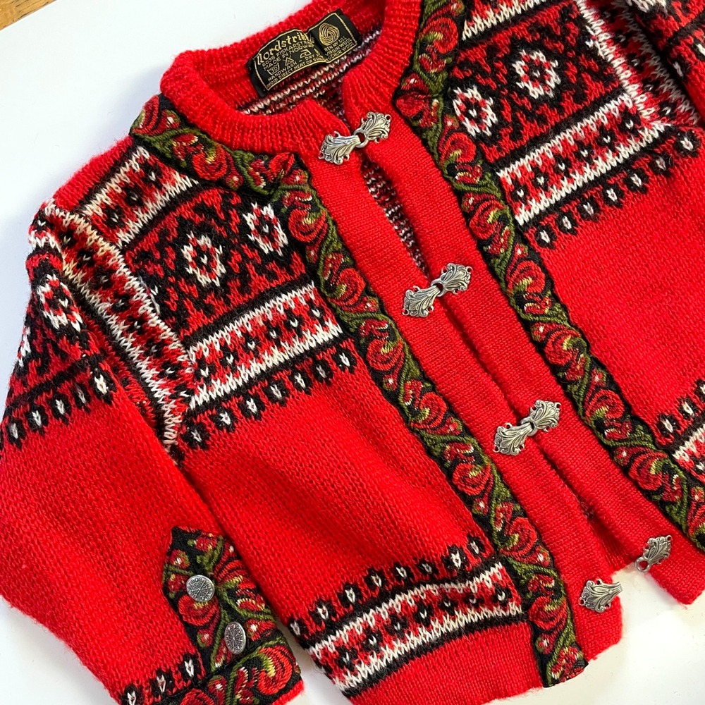Nordstrikk Childs Red Wool Norwegian Cardigan Sweater 4T Fair Isle Norway Nordic